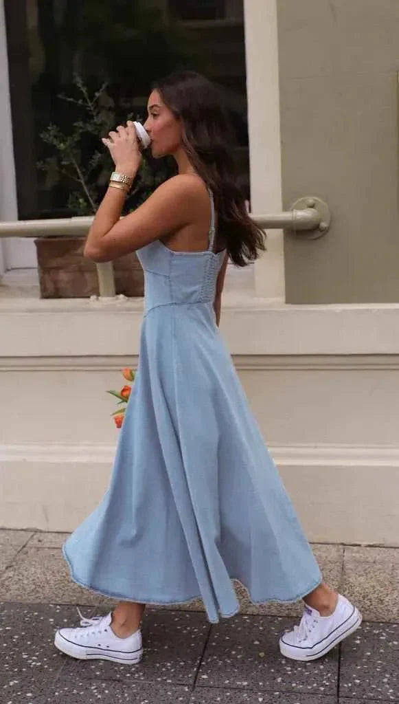 Denim midi dress with spaghetti straps and corset top