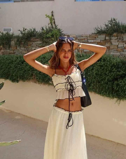 Boho Two-Piece Set with Ruffle and Lace-Up Details