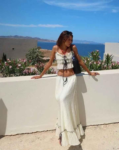 Boho Two-Piece Set with Ruffle and Lace-Up Details