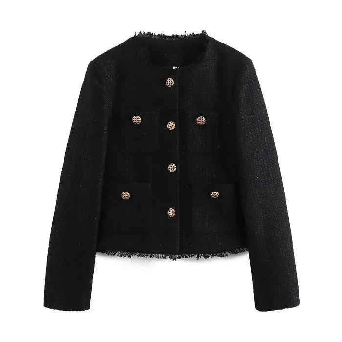 Bouclé Blazer with Gold Buttons – Classic Elegant Textured Fit