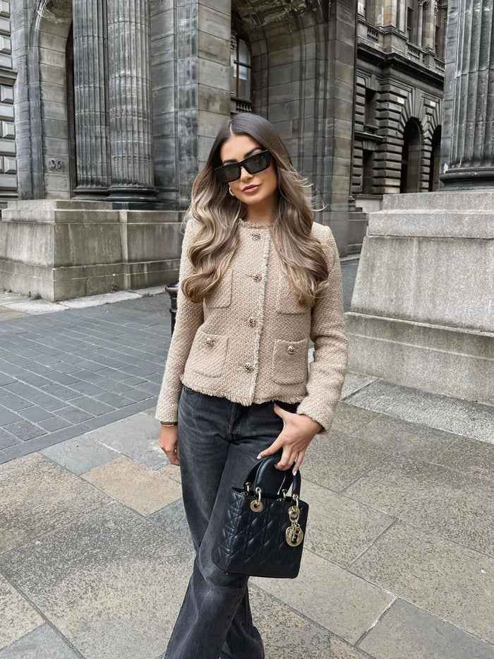 Bouclé Blazer with Gold Buttons – Classic Elegant Textured Fit