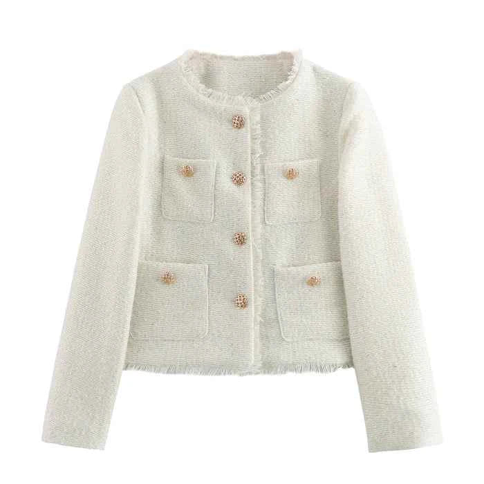 Bouclé Blazer with Gold Buttons – Classic Elegant Textured Fit