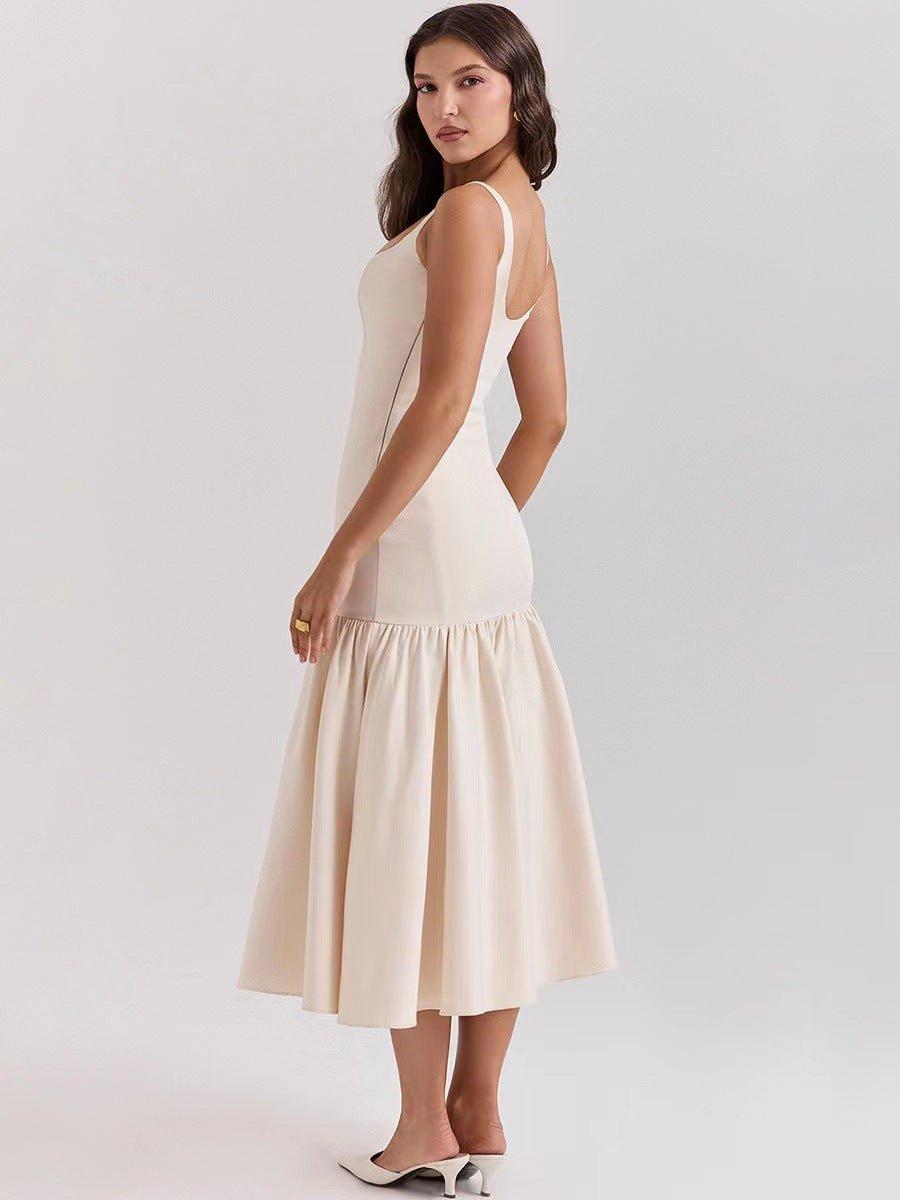 Elegant midi dress with straps & flared ruffle skirt