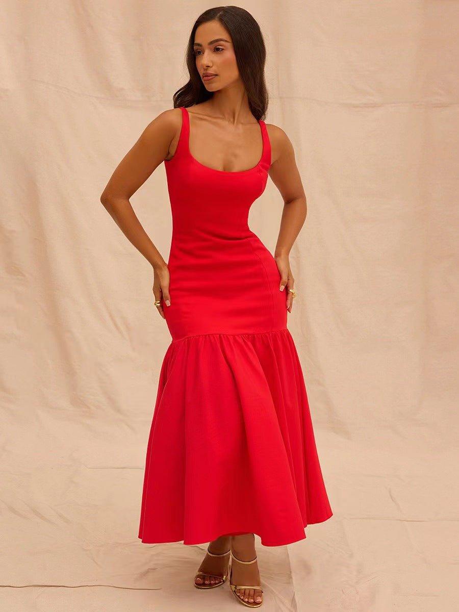 Elegant midi dress with straps & flared ruffle skirt