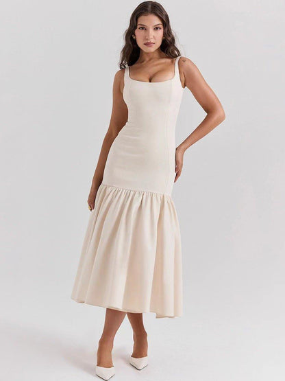 Elegant midi dress with straps & flared ruffle skirt