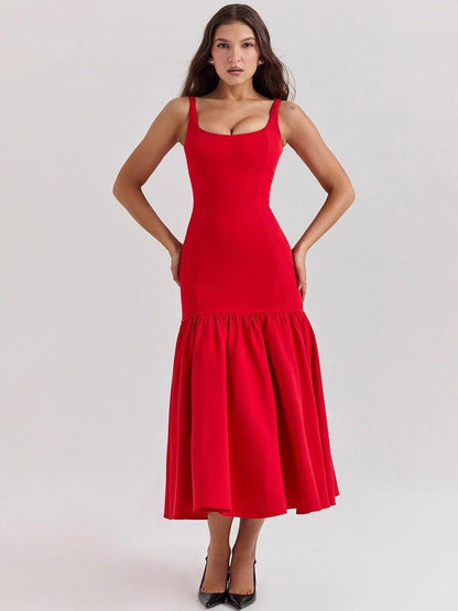 Elegant midi dress with straps & flared ruffle skirt
