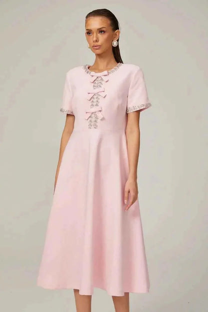 Midi dress with rhinestone details & bow trim