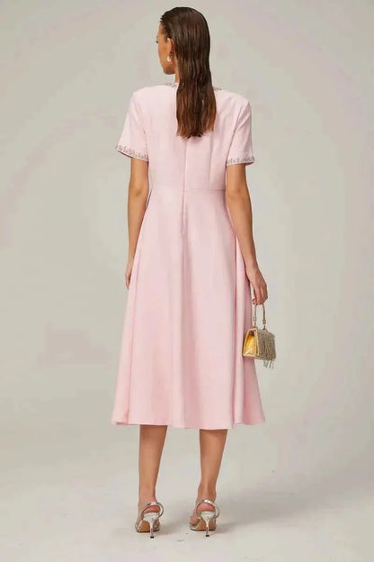 Midi dress with rhinestone details & bow trim