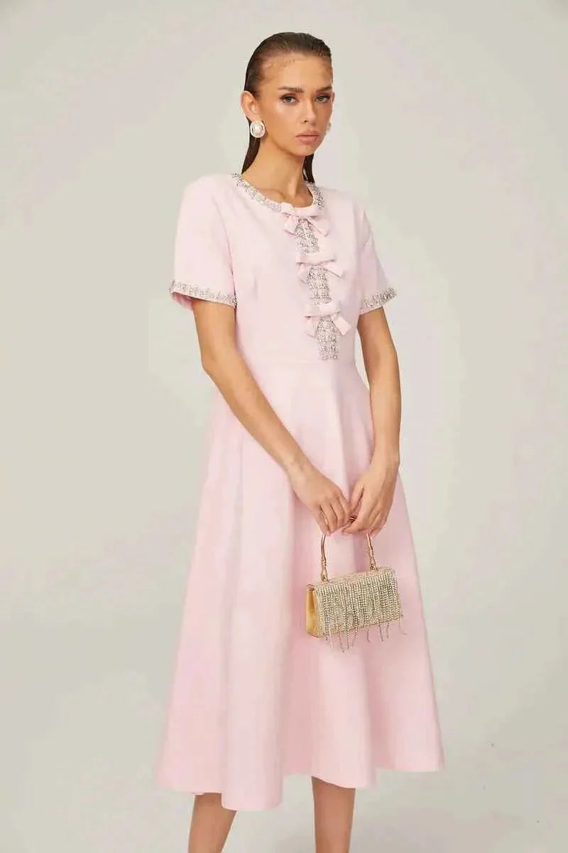 Midi dress with rhinestone details & bow trim