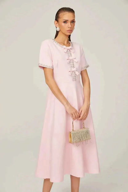 Midi dress with rhinestone details & bow trim