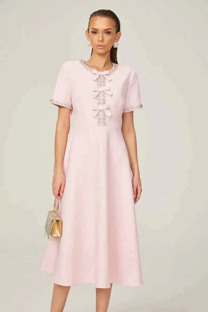 Midi dress with rhinestone details & bow trim