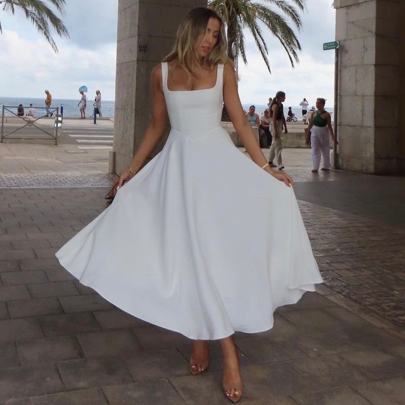 Women’s Square Neck Midi Dress – Sleeveless & Backless | Day to Evening Wear
