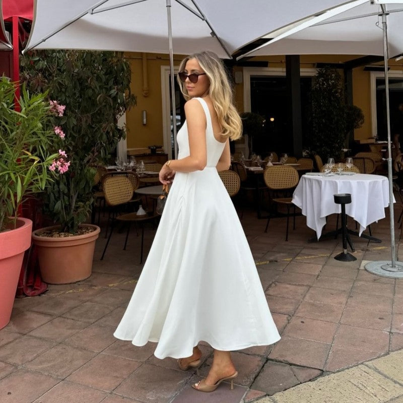 Women’s Square Neck Midi Dress – Sleeveless & Backless | Day to Evening Wear