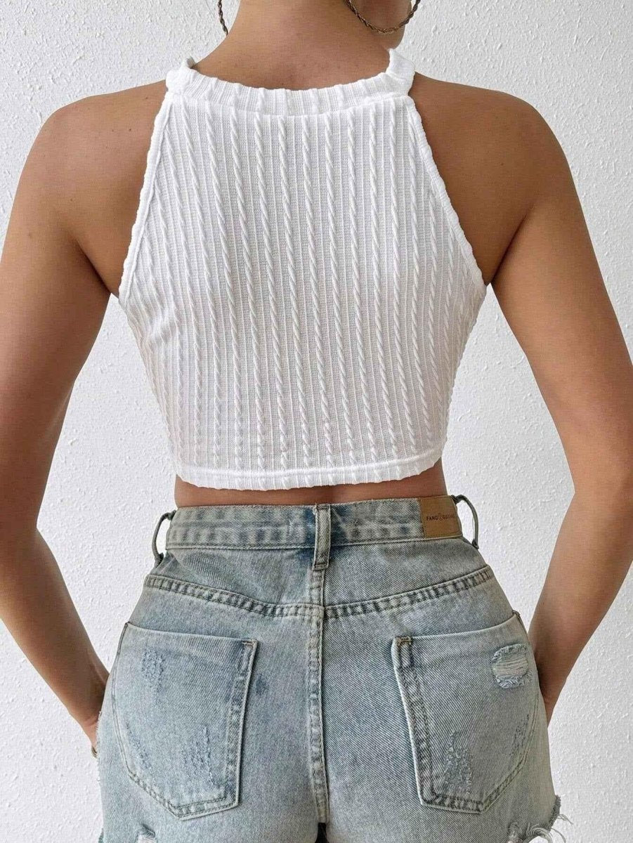 Crochet Knit Crop Top with Fringe and Racerback Detail